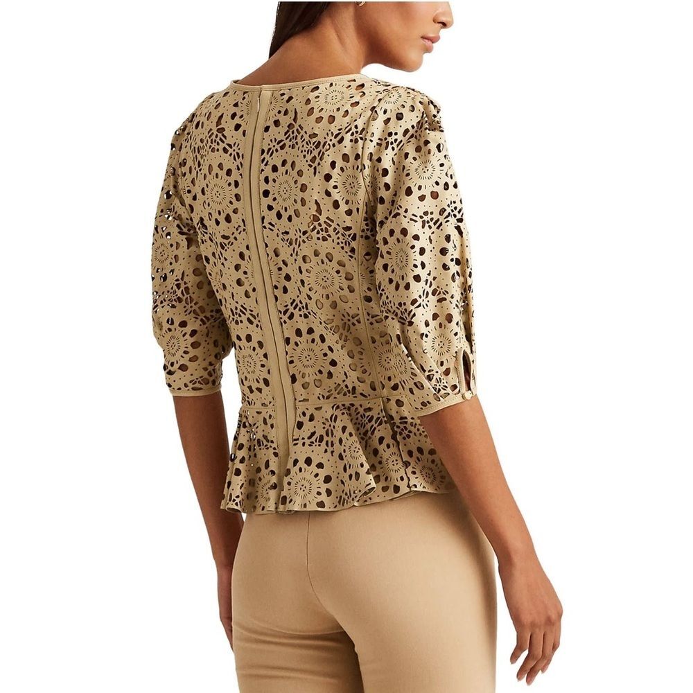 L.Ralph Lauren 100% Lambskin Leather Laser Cut Peplum Top, NWT, Size 16 - Picture 2 of 13